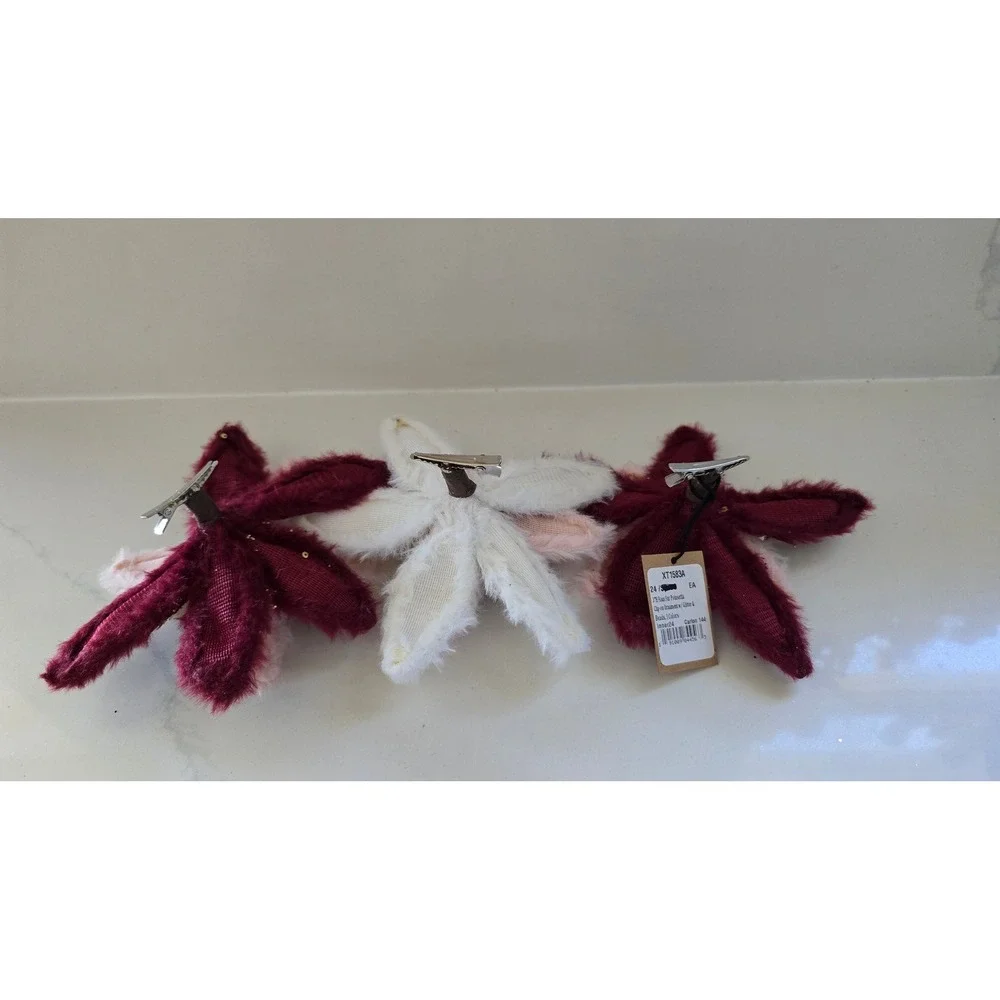 New Creative Co-Op Faux Fur Poinsettia Clip-on Ornaments Set of 3 Gold Pink